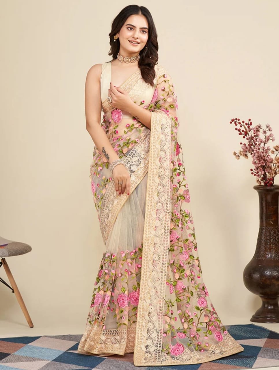 Beige Net Embroidered Saree